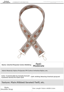 Detail of adjustable 3.8cm wide geometric jacquard purse strap with gold metal hooks