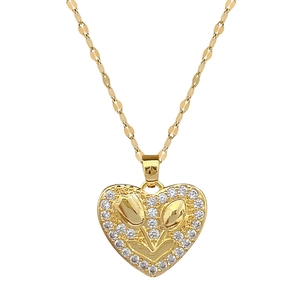 Elegant gold titanium necklace with a crystal-encrusted heart and tulip flower pendant