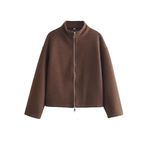 Women Woolen Jacket Loose Long Sleeve Stand Collar Zip Up Casual Outerwear Brown Vintage Solid Fashion Top