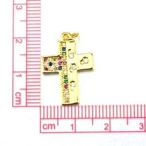 Golden tree of life cross pendant with colorful zircon stones measuring 2.2cm in length