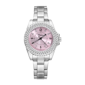 Fashionable silver quartz watch for women with pink dial and rhinestone bezel