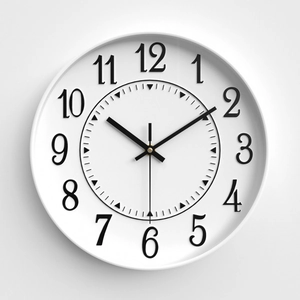 Minimalist 12-inch white wall clock with black Arabic numerals and quiet quartz movement
