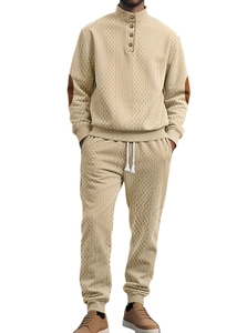 Detail of waffle-knit texture with contrast elbow patches on beige casual lounge set
