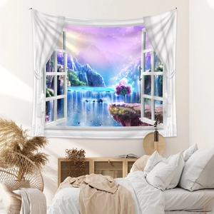 Detail of 3D dreamscape tapestry featuring a waterfall and glowing tree in a bedroom setup