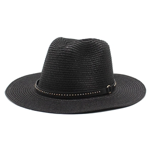 Classic black wide-brim woven straw fedora hat for sun protection with gold rivet band