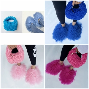 Detail view of colorful faux fur plush handbags and matching slippers set in vibrant tones