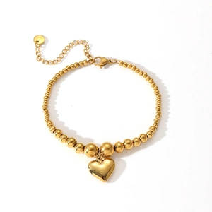 Polished gold stainless steel bead chain bracelet with an elegant heart charm pendant