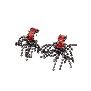 Dark aesthetic tassel earrings with red zircon and black metal bead chains on silver pins