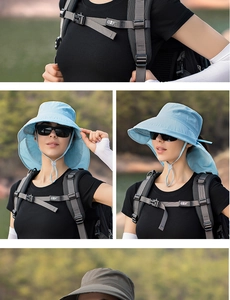 Detail of light blue sun hat with wide brim, neck flap, and windproof chin strap