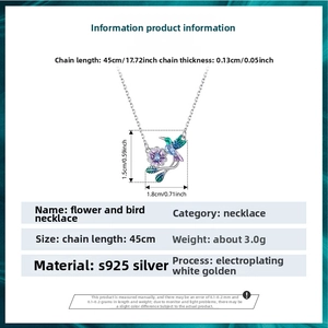Detailed view of S925 silver hummingbird and flower necklace with size dimensions