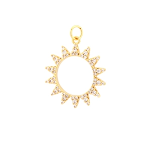 Detailed view of 18K gold plated sunburst pendant with clear cubic zirconia stones