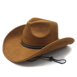 Brown faux suede western cowboy hat with studded band and adjustable chin strap