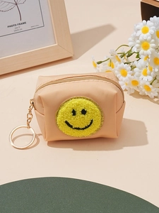 Cute chenille smiley face coin purse with gold glitter trim and metal key ring