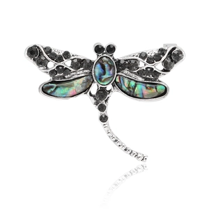 Macro detail of silver dragonfly brooch with abalone shell and black crystals