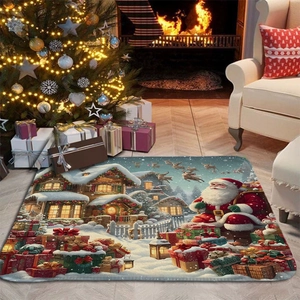 Cozy living room scene featuring a festive Christmas rug with Santa and reindeer patterns