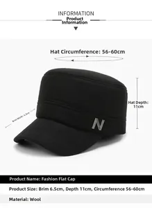 Detail view of winter black woolen flat top cap showing 11cm depth and 6.5cm brim size