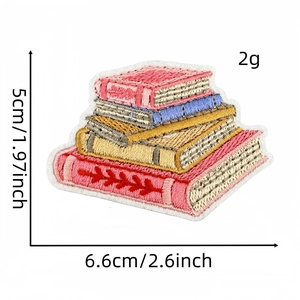Detailed view of colorful stacked books embroidery patch with precise size measurements