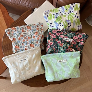 Floral Textured Cotton Makeup Bag Zipper Portable Storage Pouch Canvas Organizer For Women Travel Daily