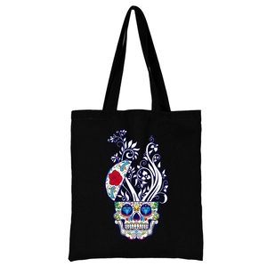 Schwarze Canvas-Tragetasche mit buntem mexikanischem Sugar Skull und Blumenprint
