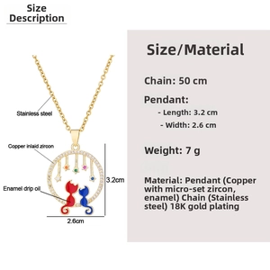 Detailed spec sheet showing cat pendant size 3.2x2.6cm and 50cm stainless steel chain