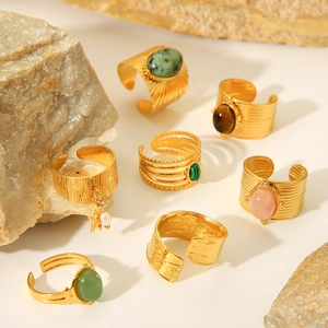 Bohemian stainless steel rings with natural gemstones including turquoise and tiger eye stones