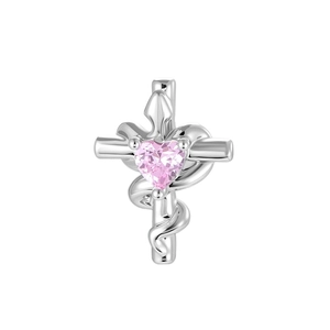 Silver cross pendant with pink heart zircon and snake wrap design on white background