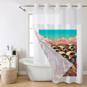 Detail of waterproof bathroom shower curtain featuring colorful cartoon bird art illustrations