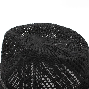 Macro shot of breathable black knitted mesh pattern on the top of the Jazz Panama hat