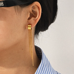 Elegant gold fringe earrings with multi-chain tassels and wide polished ring for women