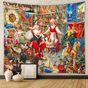 Detail eines Weihnachts-Wandteppichs mit Weihnachtsmann-Werkstatt an einer weißen Wand