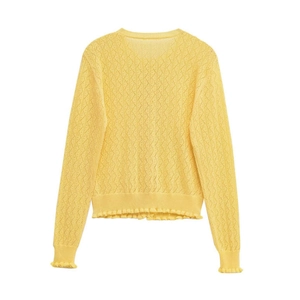 Cardigan jaune vif en maille ajourée à manches longues avec col rond et boutons bois