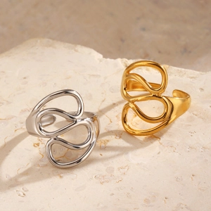 Minimalist 18K gold plated geometric hollow ring with adjustable open band design