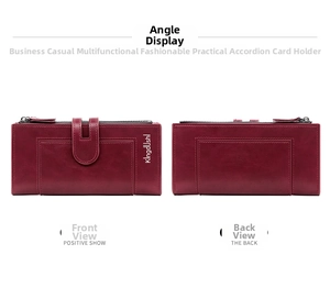 Detailed front and back view of a burgundy PU leather wallet with card slots and zippers