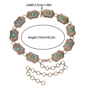 Detail of gold bohemian waist chain with turquoise links and size dimensions