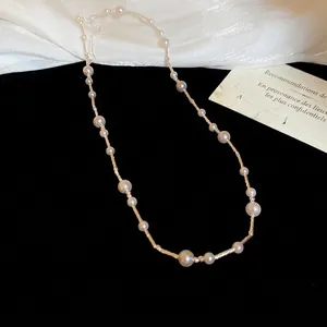 French retro pearl and twisted gold bar necklace with adjustable extender chain