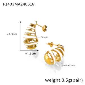 Detailed view of gold titanium steel earrings with white oil drip and 2.3cm dimensions