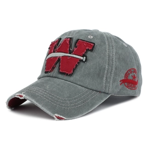 Distressed grey washed cotton baseball cap with embroidered W patch and side badge