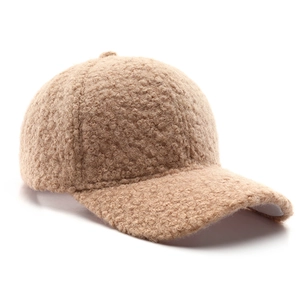 Plush beige faux shearling baseball cap for winter outdoor sun protection and warmth