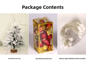 Mini PE snow flocked Christmas tree set with red gold ornaments and battery LED lights