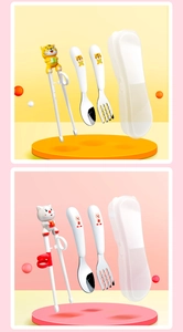 Detail view of cartoon tiger and rabbit children cutlery sets with 304 stainless steel and case