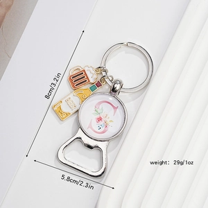 Detail view of alphabet S bottle opener keychain with size and weight measurement labels