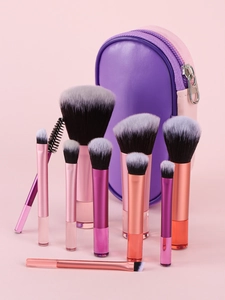 Detail view of 10pcs mini makeup brush set with crystal handles and purple storage pouch