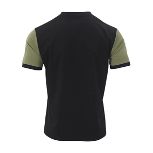Rear view of striped color-block men's polo shirt with olive green raglan sleeves