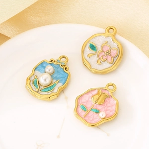 Pendentifs vintage français en or 18K avec fleurs émaillées et perles pour bijoux DIY