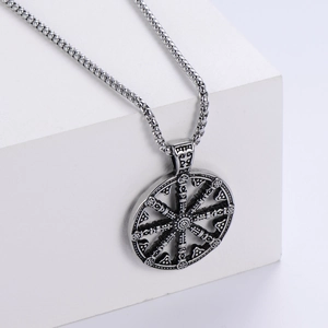 Vintage stainless steel viking compass pendant necklace with gear-shaped geometric texture