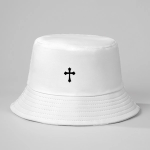 White cotton bucket hat with black gothic cross embroidery for sun protection