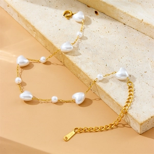 Gold plated stainless steel chain bracelet with white heart and round pearls for women