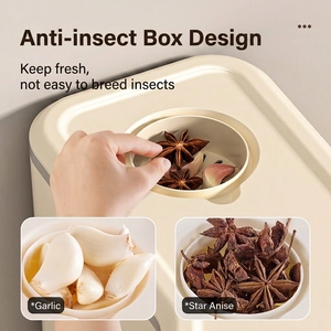 Creamy white rice storage container with built-in insect-proof box for garlic and spices