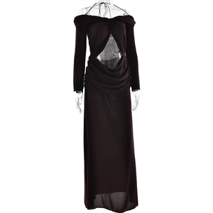 Detail of burgundy off-shoulder maxi dress featuring waist cut-out and ruched texture
