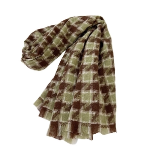 Classic houndstooth winter scarf with tassels in brown, green and white tones